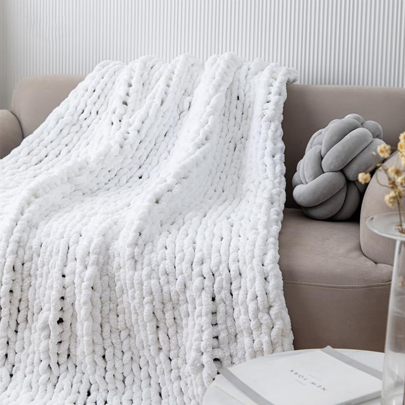 Chunky Knit Blanket Throw 48"*71", Hand Knitted Warm Chenille Throw Blanket, Home Decor Soft Thick