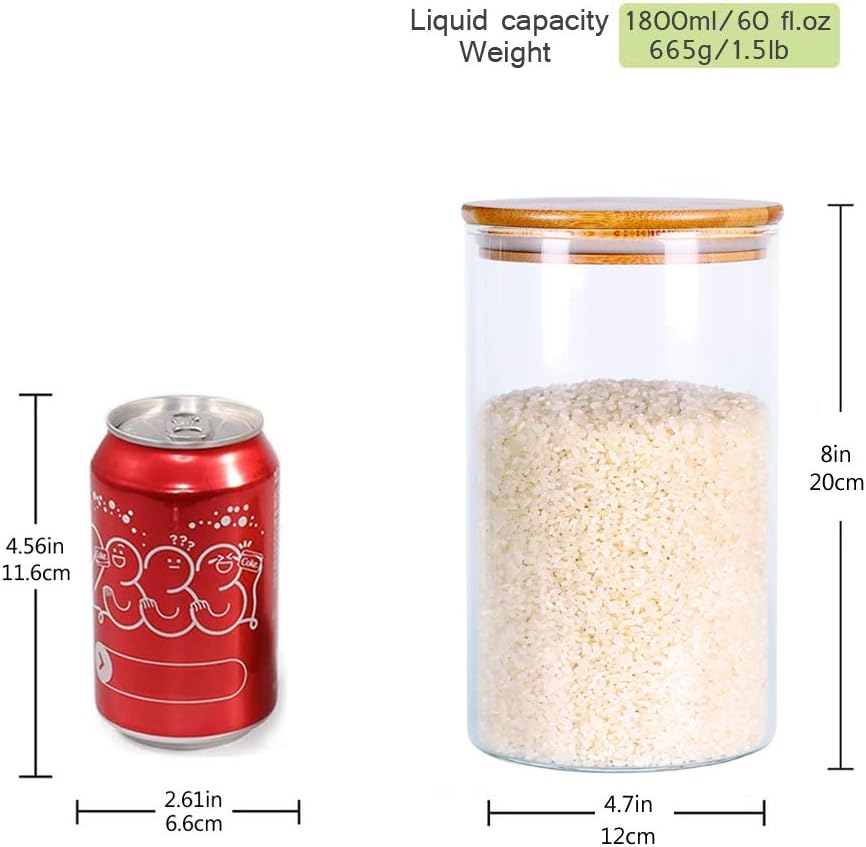 Glass Rice Storage Containers, 60 FL OZ (1800ml) Kitchen Food Jars with Airtight Lid, Stackable