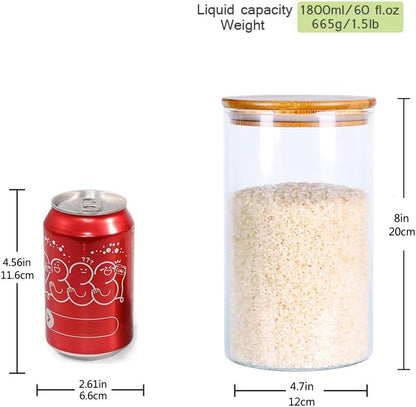 Glass Rice Storage Containers, 60 FL OZ (1800ml) Kitchen Food Jars with Airtight Lid, Stackable