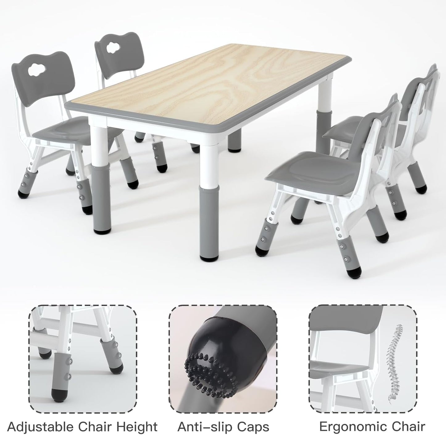 Kids Study Table and 4 Chairs Set,Height Adjustable Table and Chairs for Children and