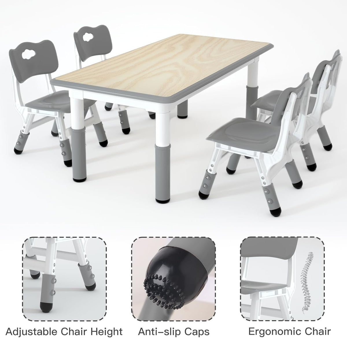 Kids Study Table and 4 Chairs Set,Height Adjustable Table and Chairs for Children and