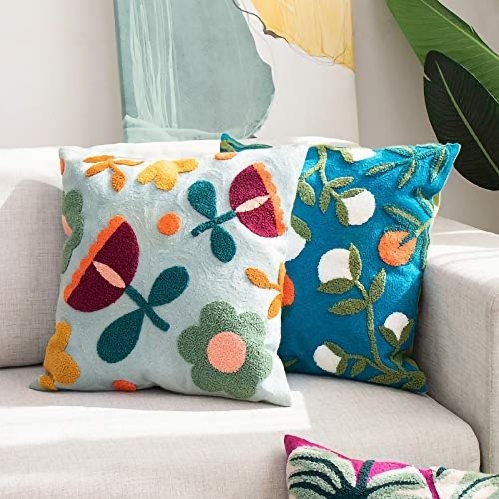 MOCOFO Canvas Embroidered Throw Pillow Cover with Flower Spring Embroidery Craft Modern Simple Sofa
