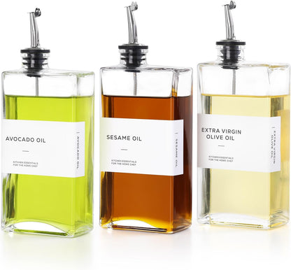 Olive Oil Dispenser Bottle for Kitchen, 3 Pack Glass Oil and Vinegar Dispenser Set, Elegant Book