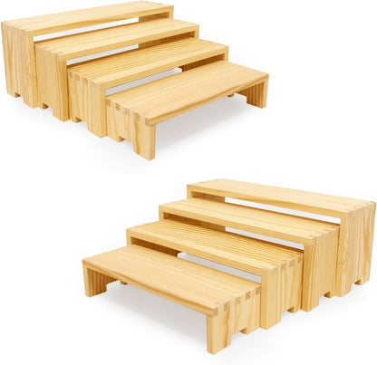 Large Display Wood Risers Wooden Stand 8 Tier Wood Racks Decorative Rectangular, 2 Set 8 Pieces