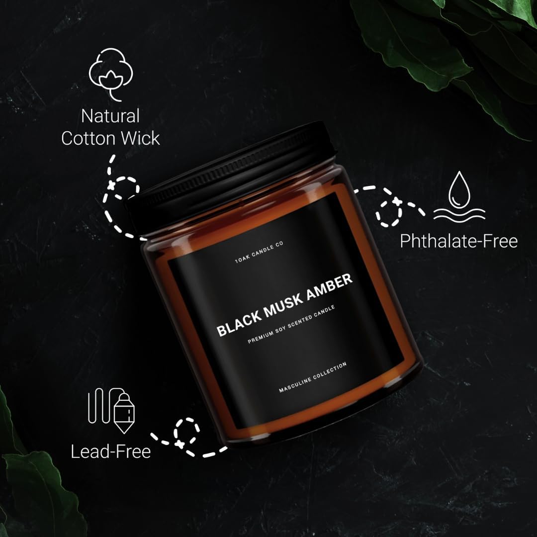 1OAK Black Musk Amber Candle - Soy Wax Scented Candle for Men - 7oz, Long Burning, Masculine