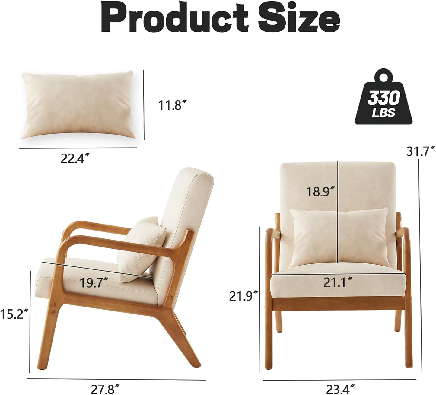 Accent Chair Mid Century Modern Armchair with Lumbar Support Pillow Wood Legs PU Leather