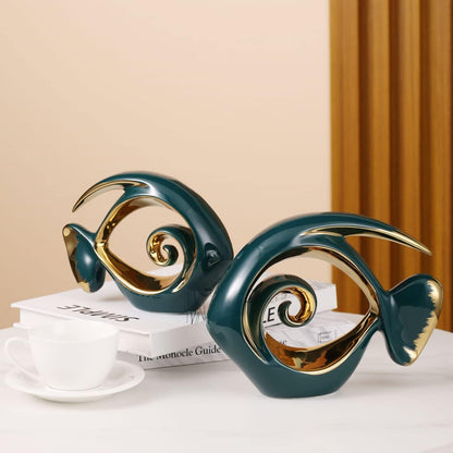 Green Gold Ceramic Fish Figurines - Coastal Home Decor, Modern Ocean Centerpieces for Living Room