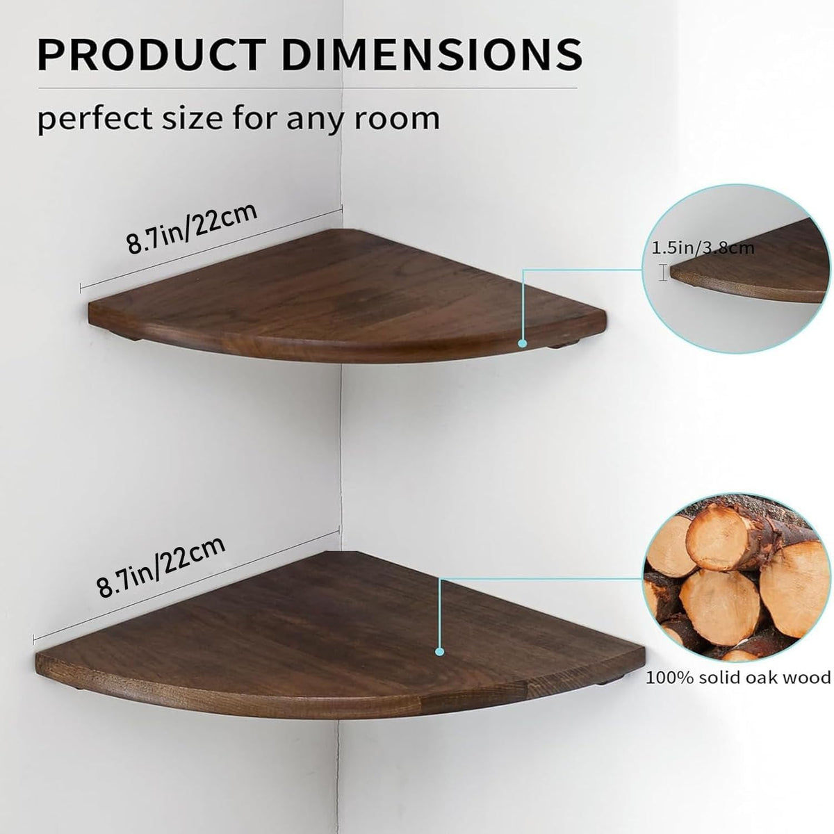 Corner Shelves, Floating Corner Shelf, Set of 2 Solid Oak Wood Wall Shelves, Round End Wall Mount