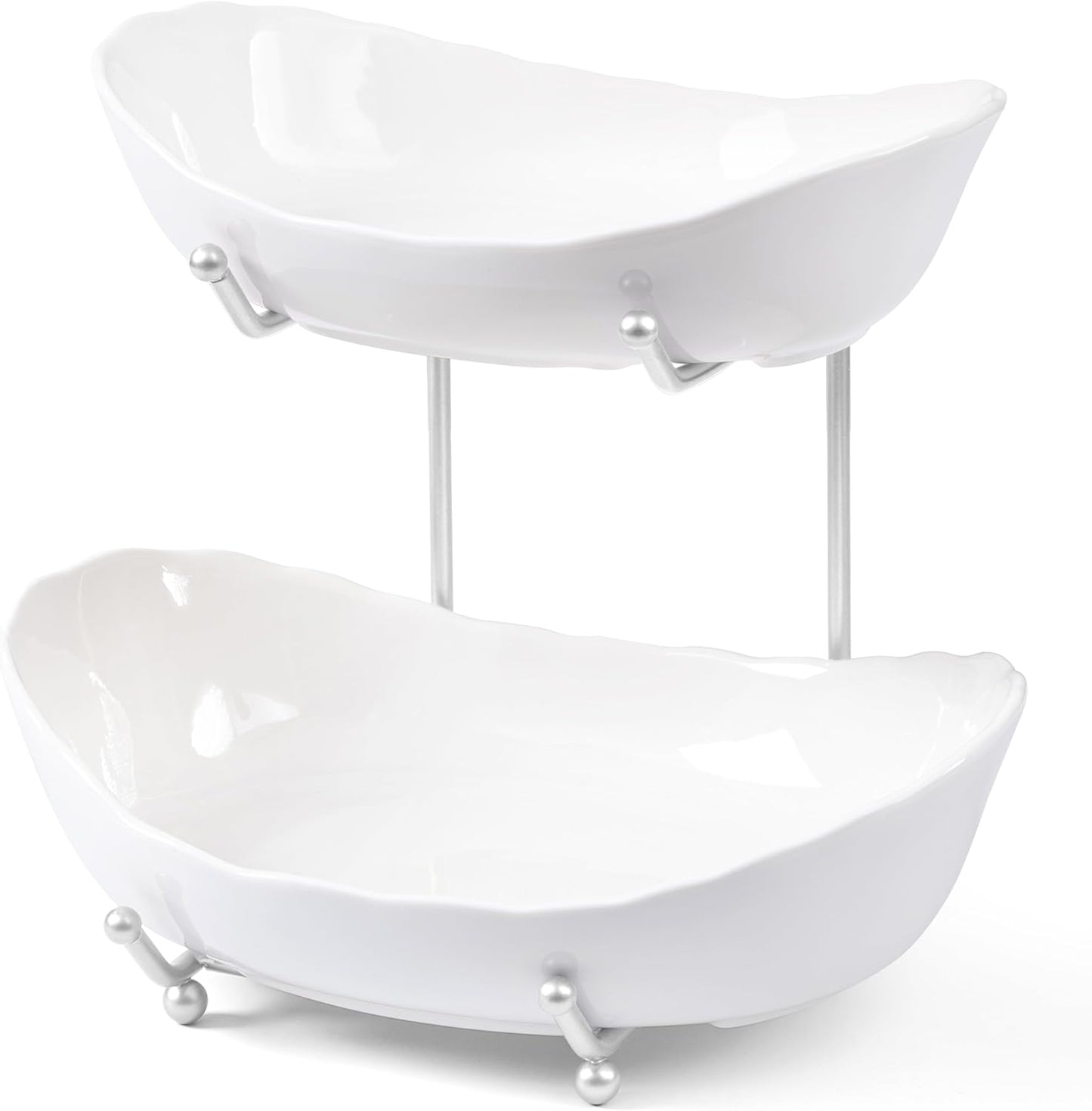 HBlife Fruit Bowl for Kitchen Counter - 2 Tier Ceramic Fruit Bowl with Metal Stand, Tiered Fruit