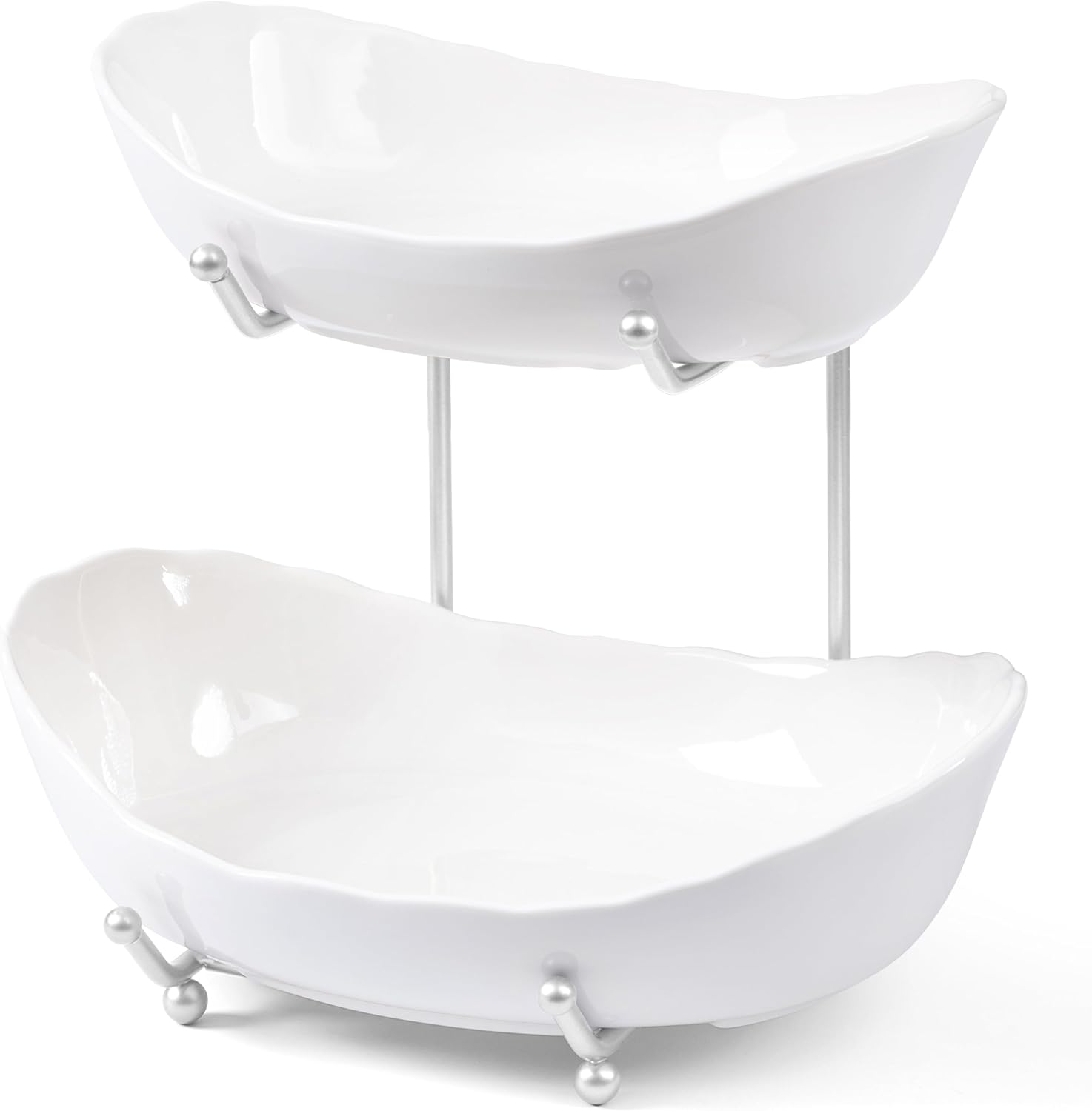 HBlife Fruit Bowl for Kitchen Counter - 2 Tier Ceramic Fruit Bowl with Metal Stand, Tiered Fruit