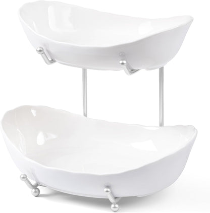 HBlife Fruit Bowl for Kitchen Counter - 2 Tier Ceramic Fruit Bowl with Metal Stand, Tiered Fruit