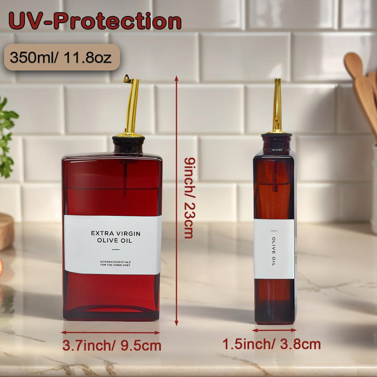 Olive Oil Dispenser Bottle for Kitchen - 11.8oz Dark Glass UV Protection, Oil and Vinegar Dispenser