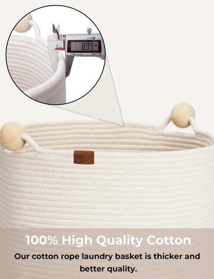 StorageWorks 58L Cotton Rope Laundry Basket with Wooden Beads Handles, Woven Basket for Storage