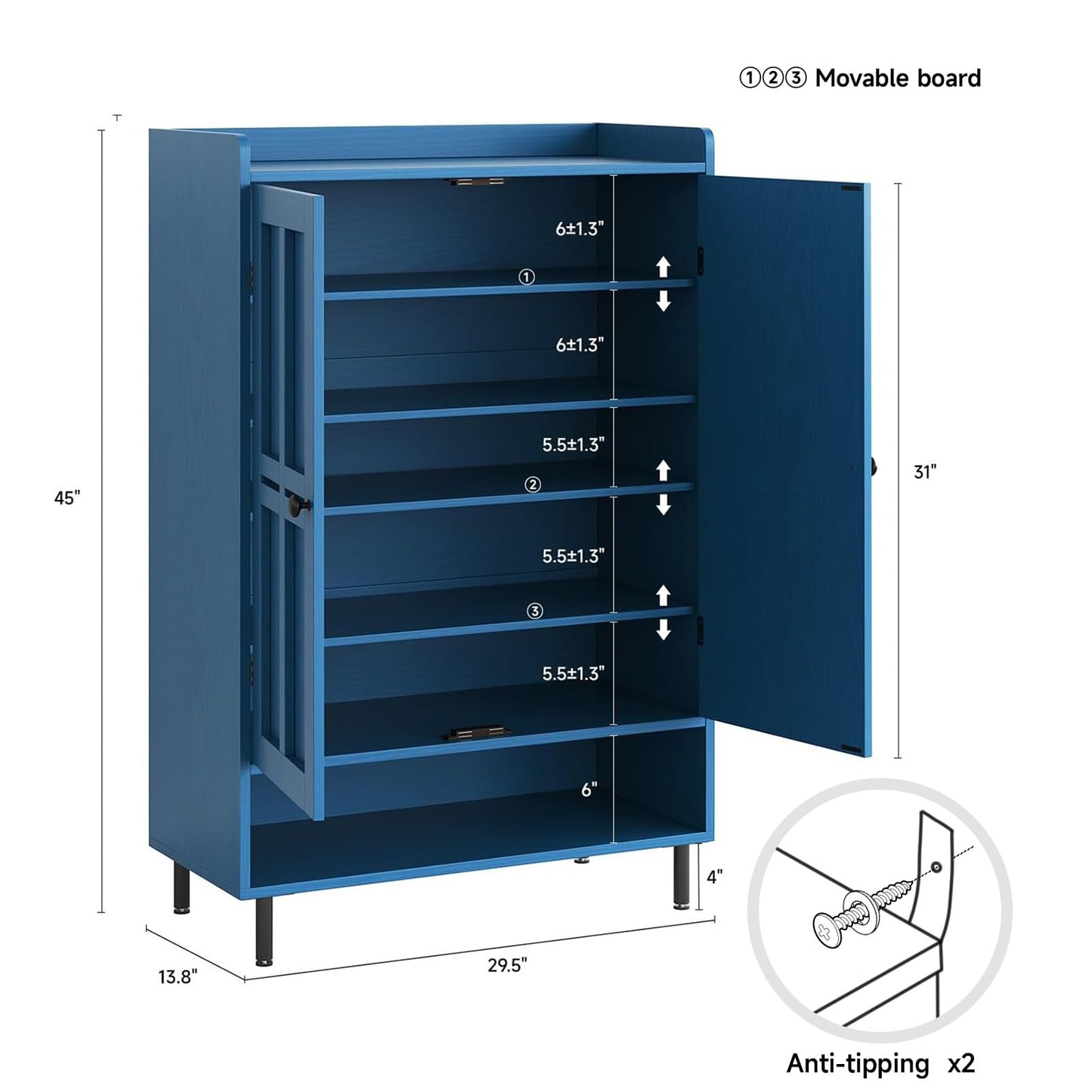 ComfyCorner Shoe Cabinet with Cross Molding Doors, 6-Tier Storage, Blue