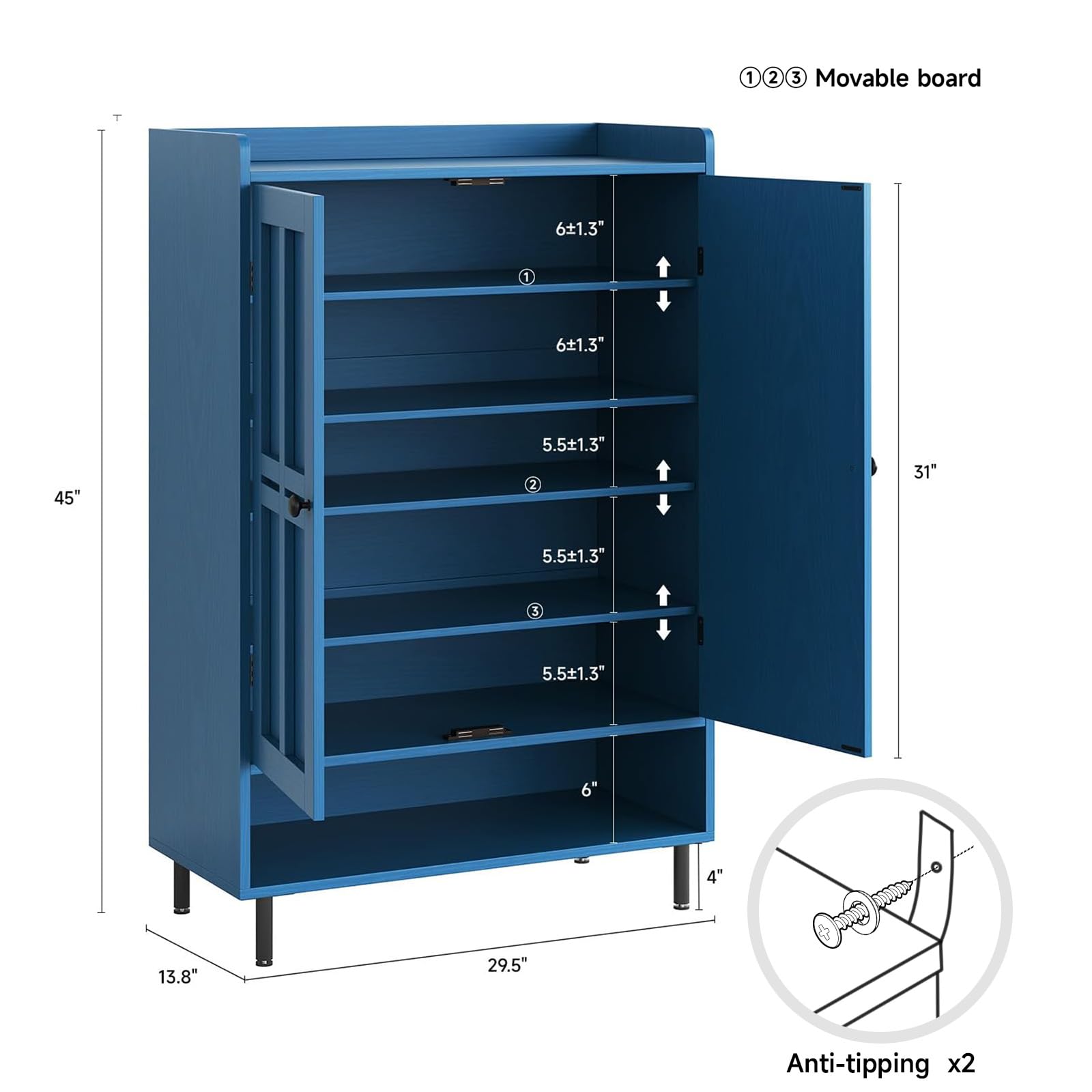 ComfyCorner Shoe Cabinet with Cross Molding Doors, 6-Tier Storage, Blue