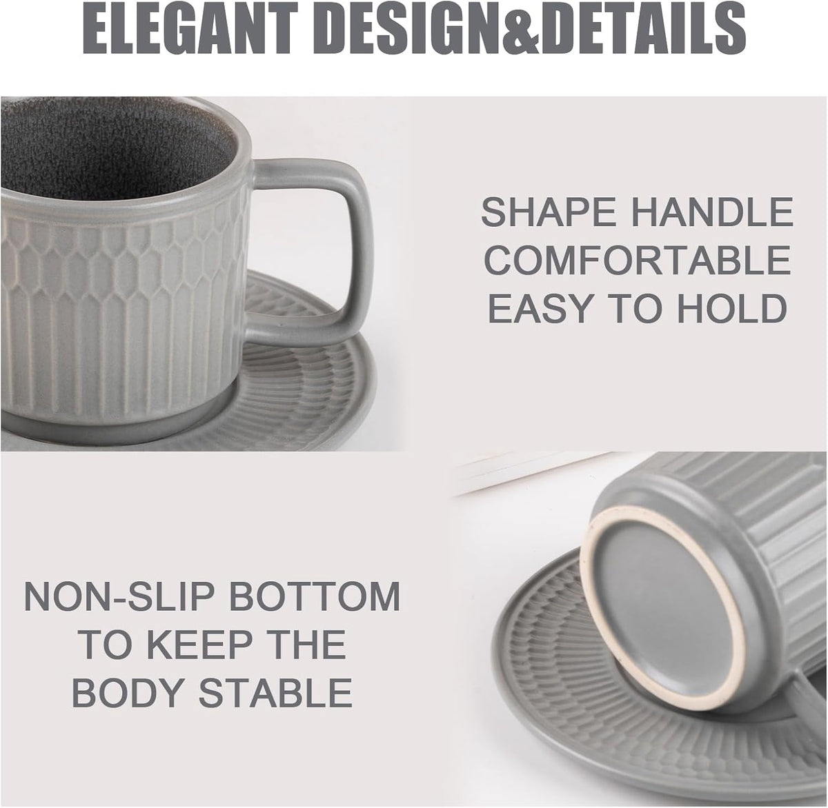 Large Cappuccino Cups with Saucers Set of 4, 8 Ounce Stackable Embossed Ceramic Coffee Mugs for