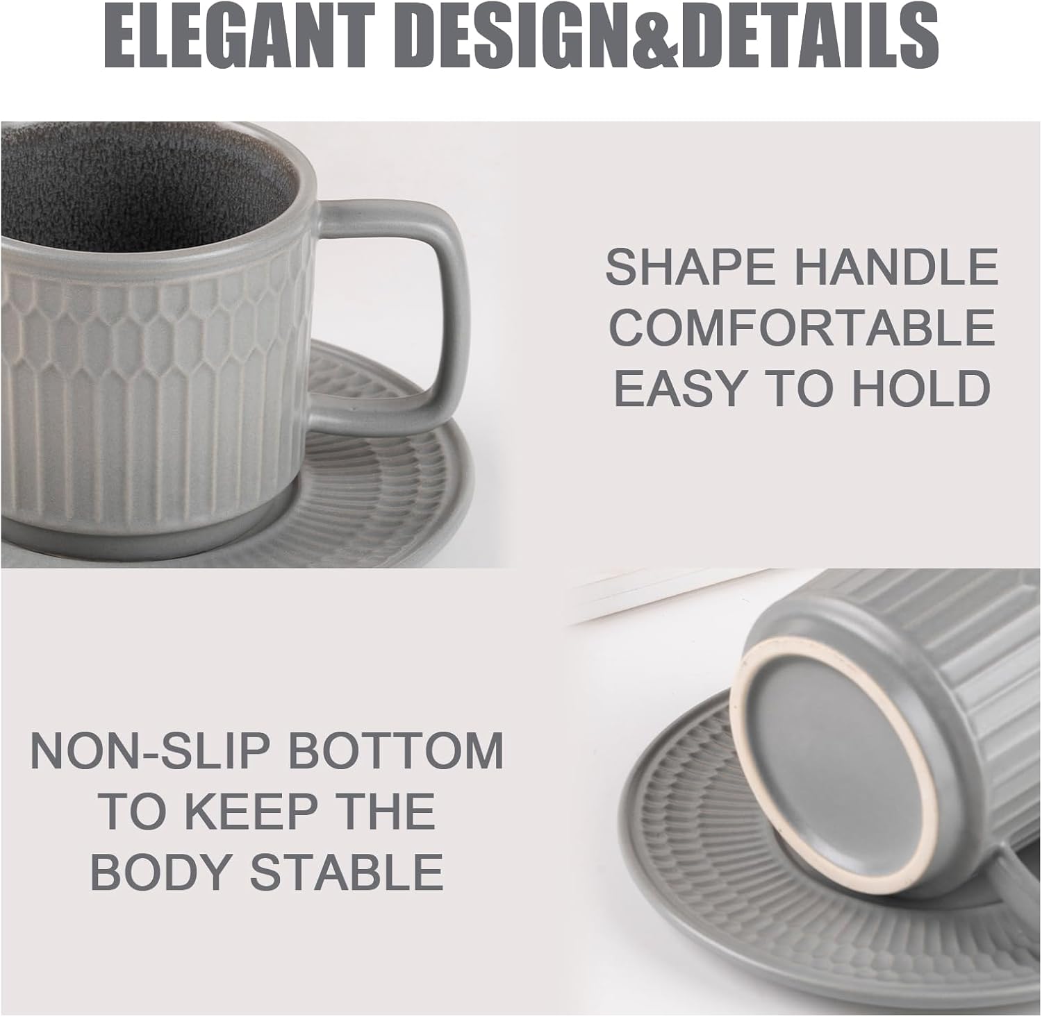 Large Cappuccino Cups with Saucers Set of 4, 8 Ounce Stackable Embossed Ceramic Coffee Mugs for
