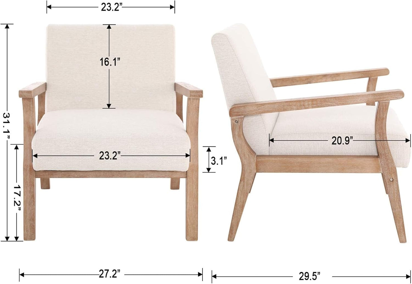 HNY Mid Century Armchair with Wood Frames, Linen Upholstered Living Room Arm Chair, for Living