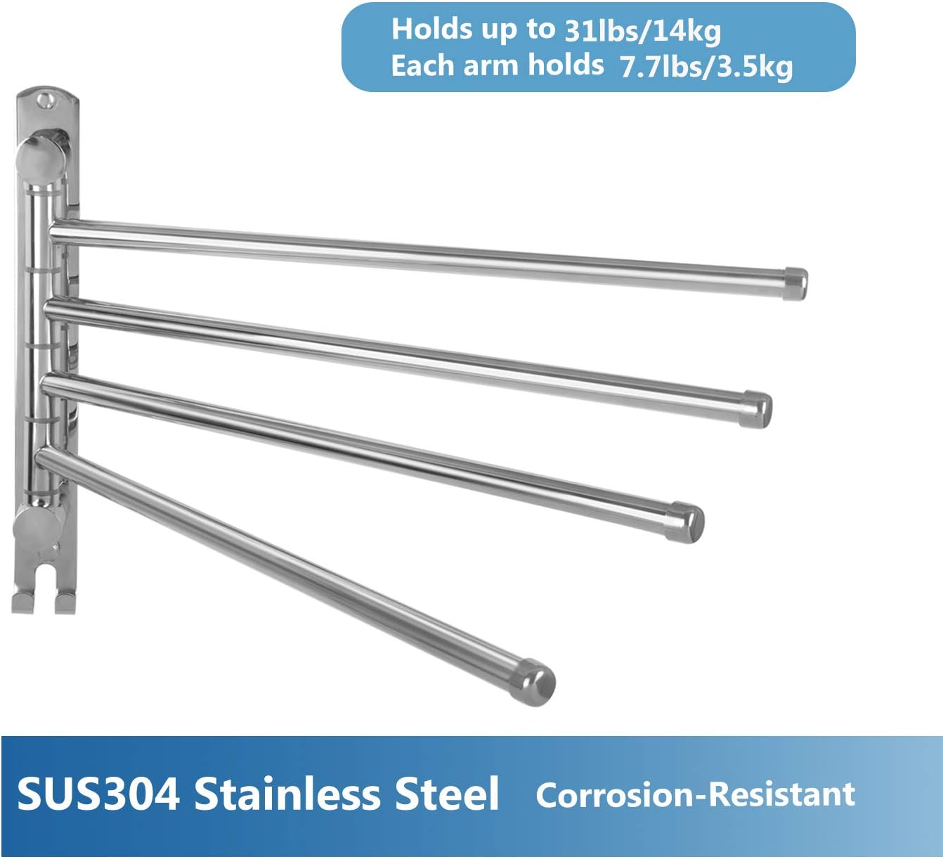 Bathroom Towel Rack JSVER 4 Arms Swivel Towel Holder, Towel Bar Wall Mounted, SUS304 Stainless