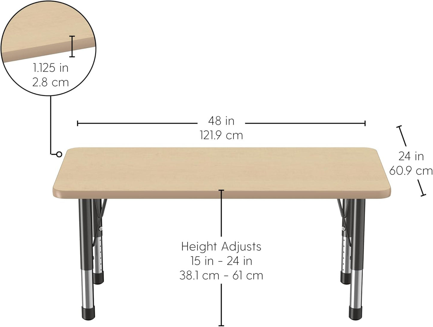 FDP Rectangle Activity School and Kids Classroom Table (24 x 48 inch), Toddler Legs, Adjustable
