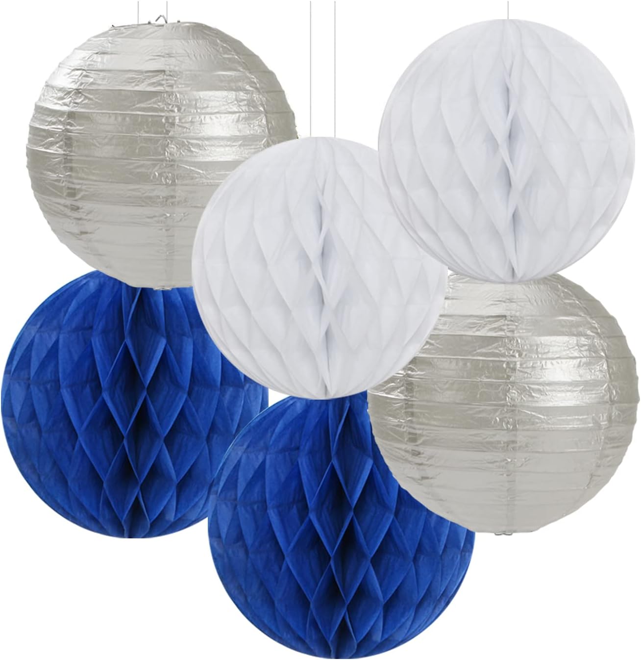 Navy-Blue White Silver Party Decorations - 14pcs Kits Paper Lanterns Fan,Tissue Flower Pom Poms