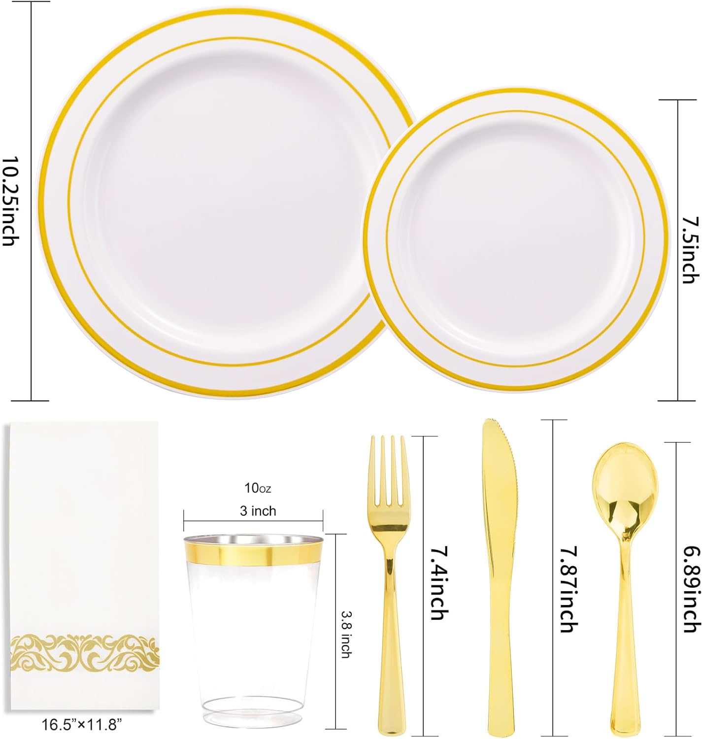 350 Pieces White and Gold Plastic Plates - 50 Guest Thanksgiving Dinnerware Set Include 100 Plates