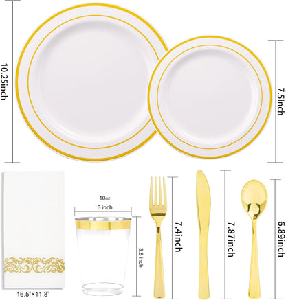 350 Pieces White and Gold Plastic Plates - 50 Guest Thanksgiving Dinnerware Set Include 100 Plates