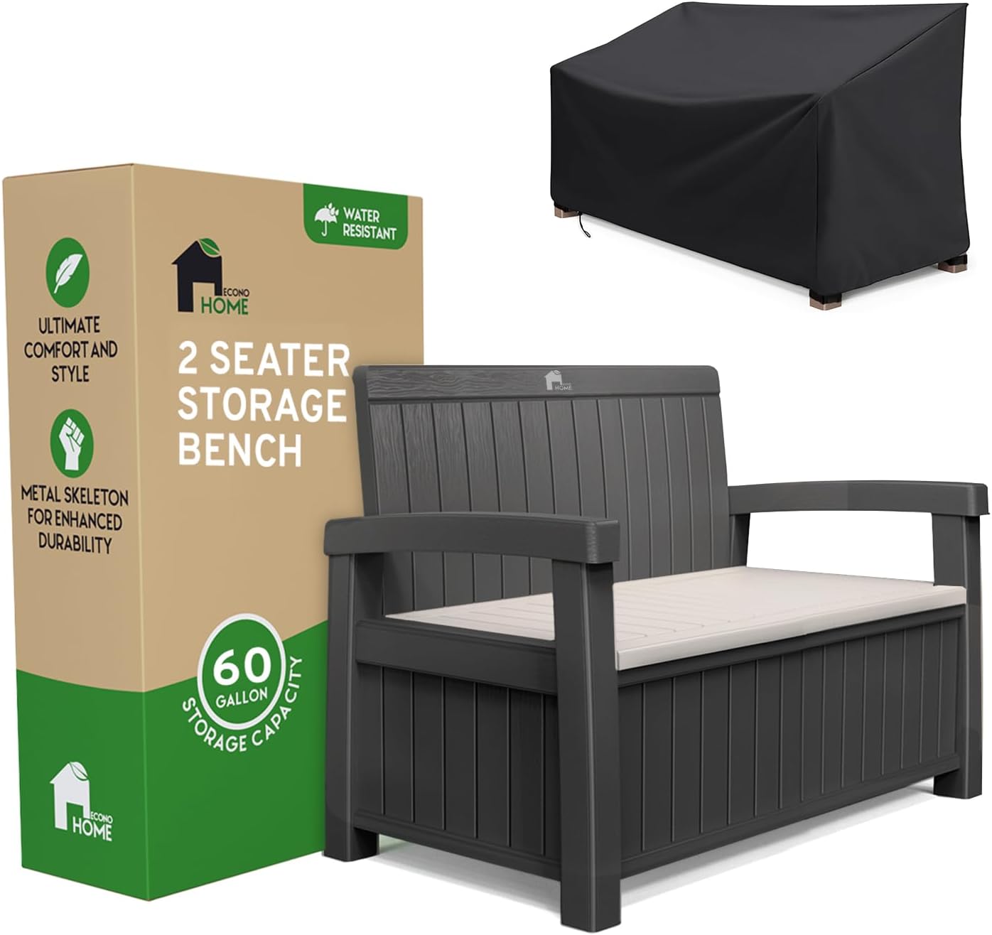 EconoHome 2 Seat Outdoor Storage Bench with Rain Cover - 60 Gallon Capacity - Weatherproof Resin
