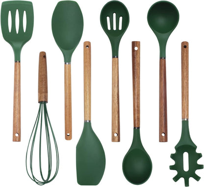 Country Kitchen Non Stick Silicone Utensil Set with Rounded Wood Handles for Cooking and Baking, 8