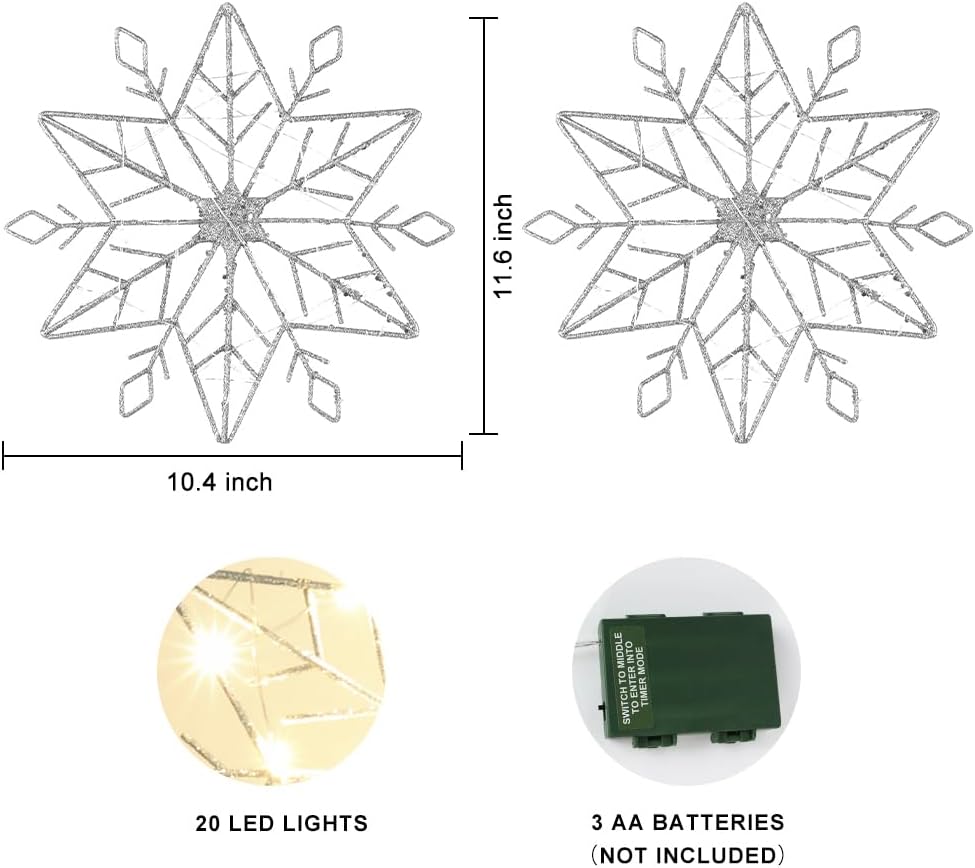 hogardeck Christmas Tree Topper, 10" Lighted Silver Snow Tree Topper, 20 LED Lights Silver Glitter