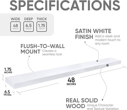 Homeforia White Floating Shelf 48 inches, High End Solid Real Wood 48inch Long Floating Shelves for