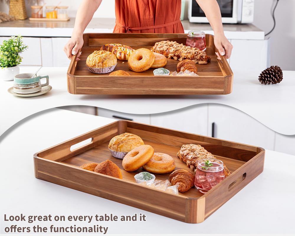 Large Wooden Ottoman Tray, Great 22"x18" Rectangle Trays for Big Ottoman Counter, Huge Kitchen Wood
