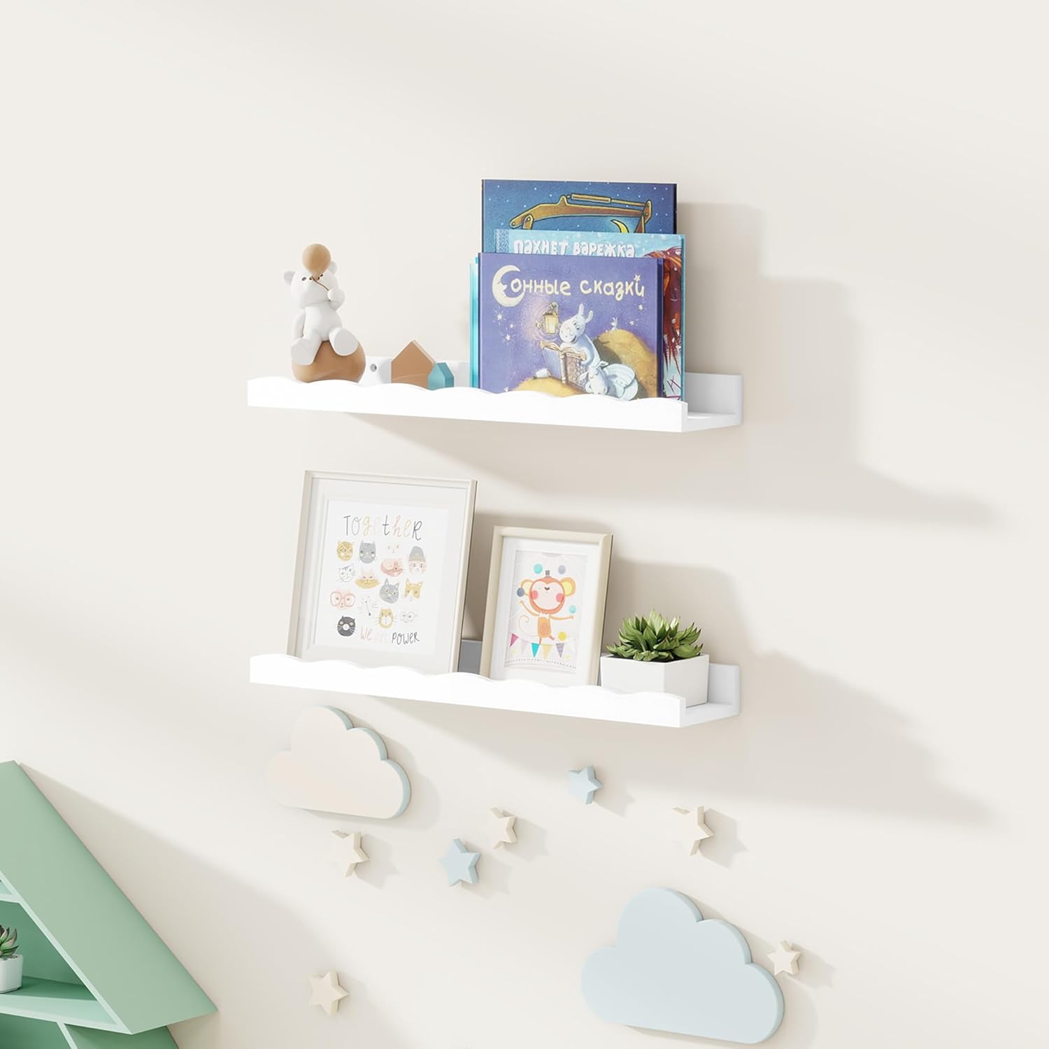Fun Memories Picture Ledge Shelf for Wall, 24 inch Pine Wood Nursery Book Shelves Set of 2- Wall