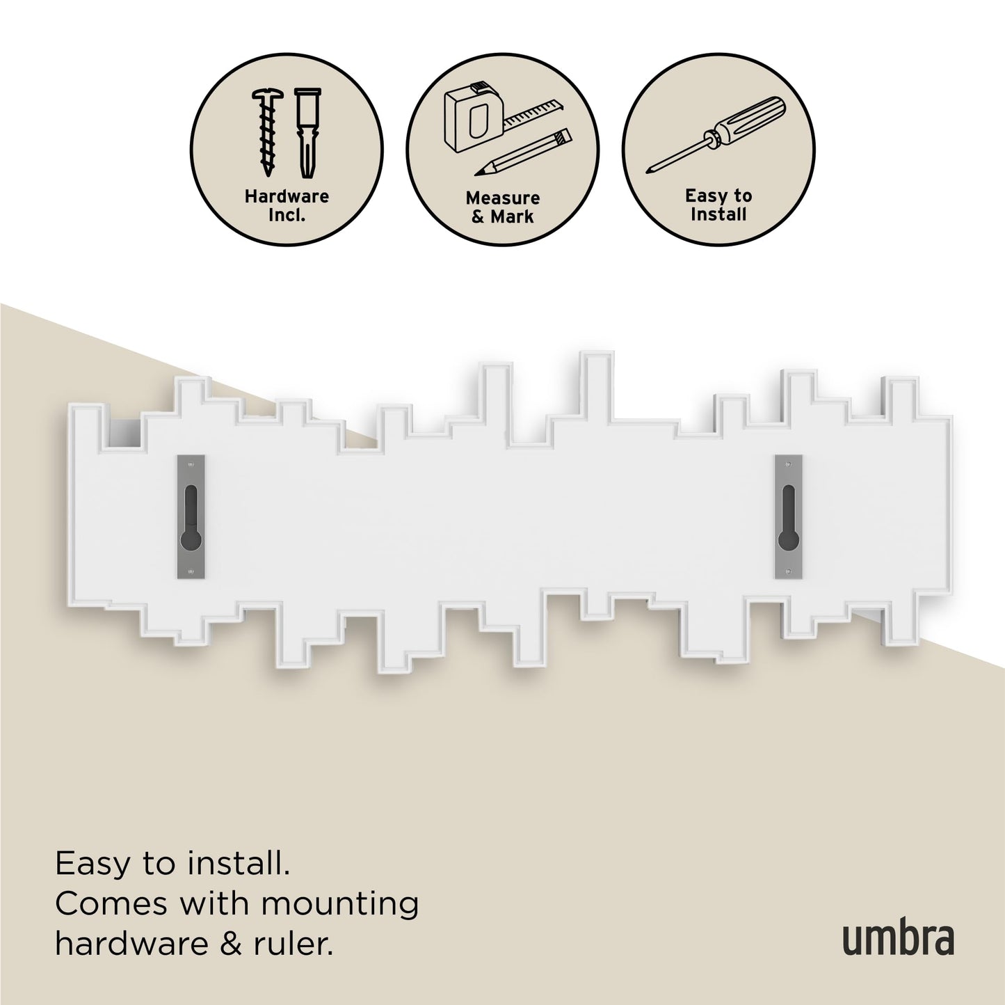 Umbra Sticks Wall Mount Coat Rack, 5 Hook Retractable Pegs, White