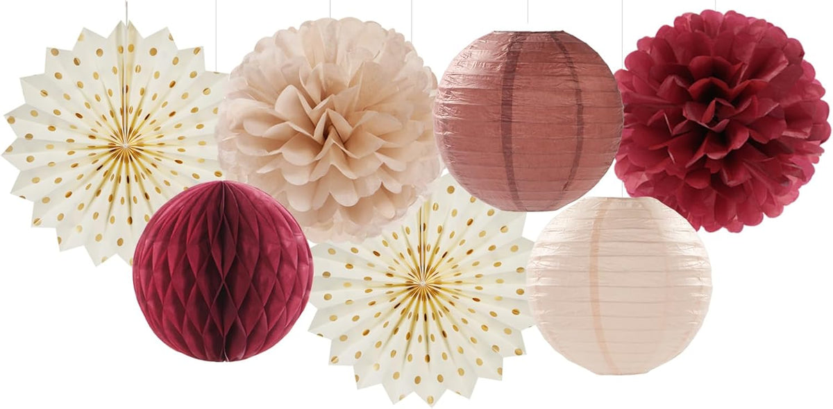 Brown Burgundy Champagne Boho Party-Decorations - 14pcs Rustic Wedding Paper Lanterns Fan,Tissue
