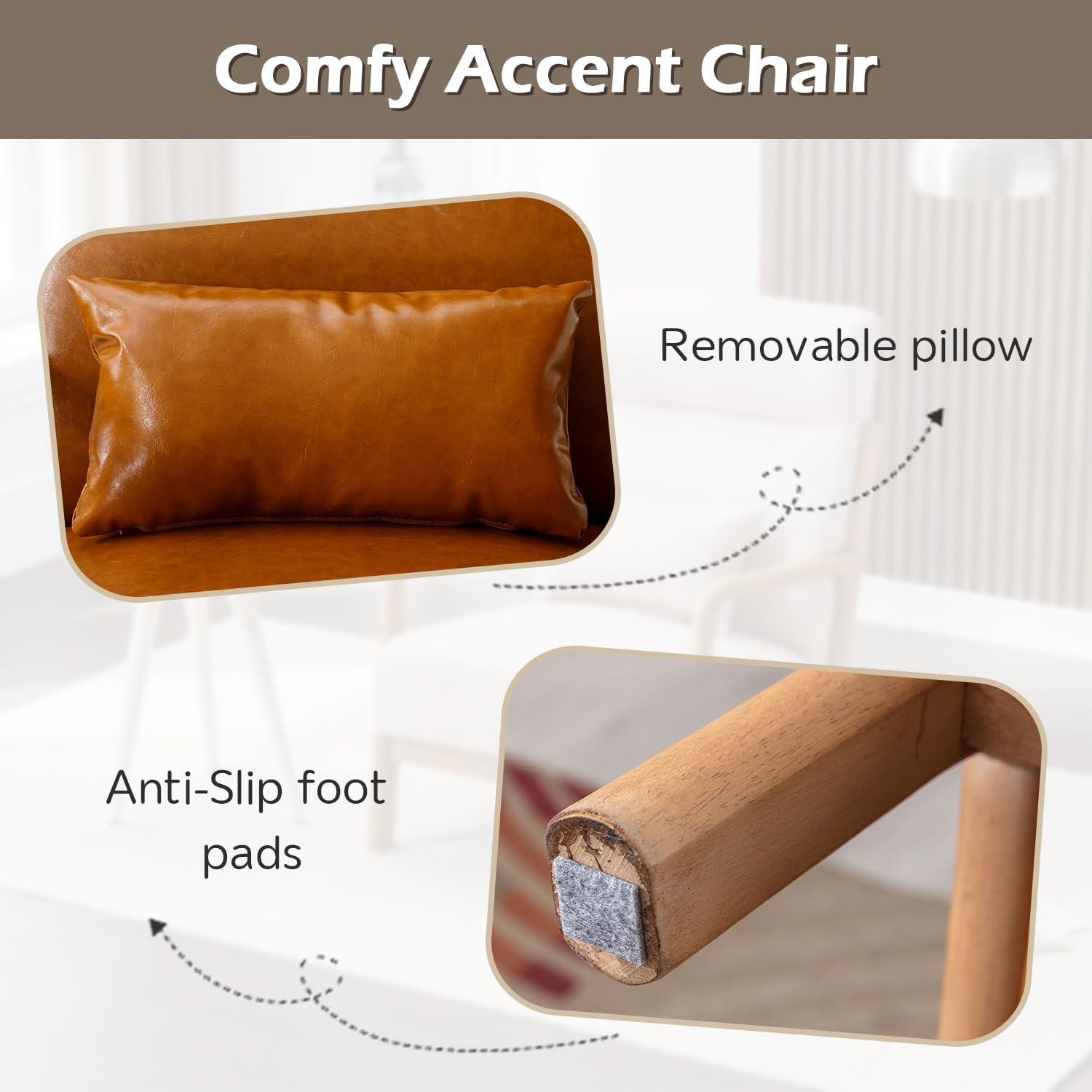 INZOY Mid Century Modern Accent Chair with High Back, PU Leather Reading Armchair with Waist