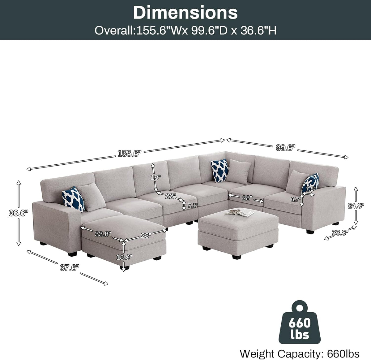 L Lengend Vansen Modular Sectional Sofa U Shaped Couch with Ottoman Modern Reversible Corner