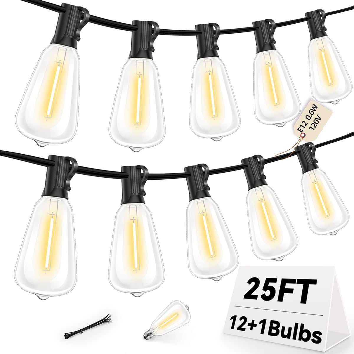 ST38 Outdoor String Lights 25FT with 12+1 LED Bulbs, E12 Socket, Waterproof Commercial Grade, 2700K