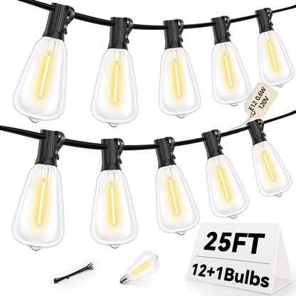 ST38 Outdoor String Lights 25FT with 12+1 LED Bulbs, E12 Socket, Waterproof Commercial Grade, 2700K