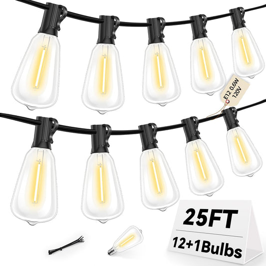 ST38 Outdoor String Lights 25FT with 12+1 LED Bulbs, E12 Socket, Waterproof Commercial Grade, 2700K