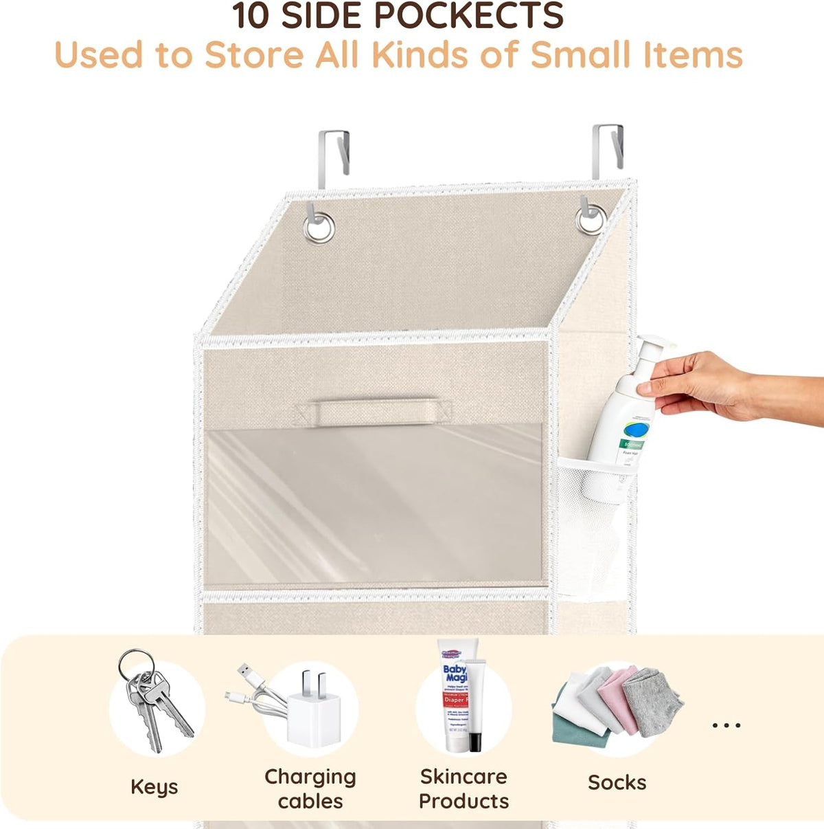 Over the Door Organizer with Drawers, 5 Tier Hanging Storage with Removable Bins & 10 Side Pockets