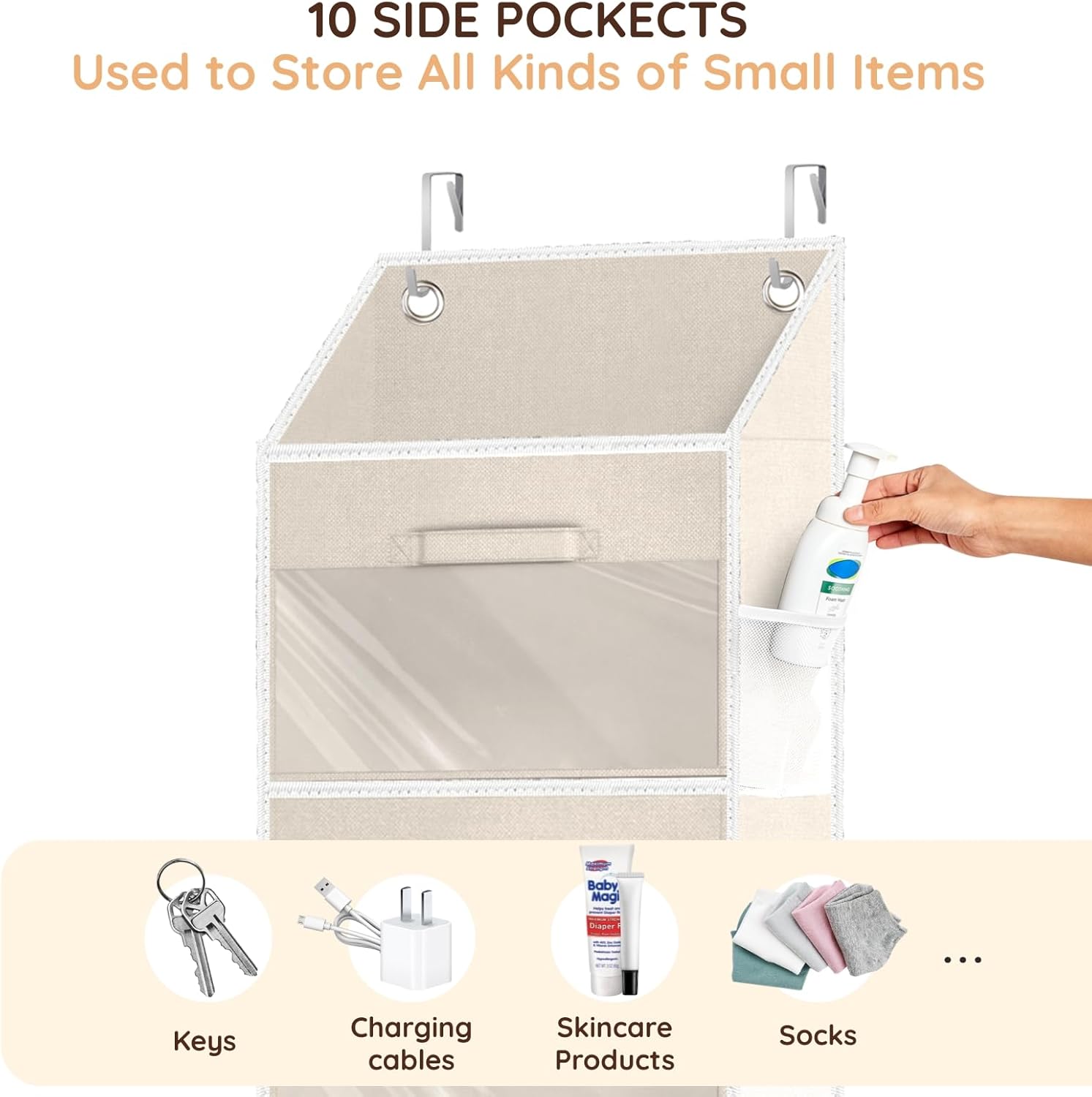 Over the Door Organizer with Drawers, 5 Tier Hanging Storage with Removable Bins & 10 Side Pockets