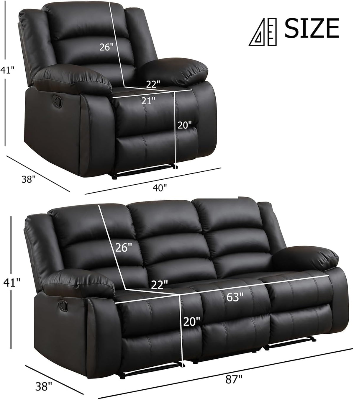 EBELLO Faux Leather Manual Recliner Sofa Set, 2 Recliner Chair, 3 Seat Reclining Sofa, Couch Set