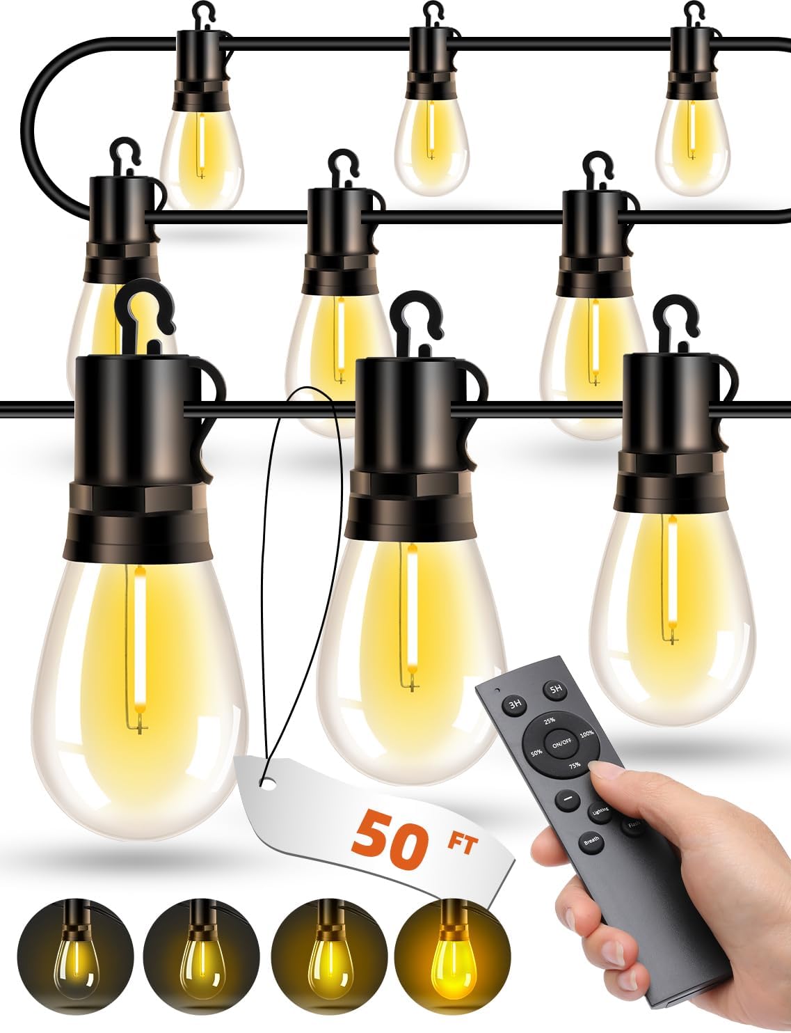 Outdoor Patio String Lights: S14 Shatterproof Bulb Outside Waterproof Light - 50Ft 15M Remote