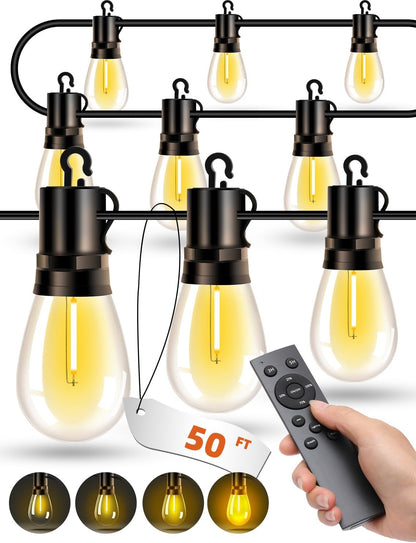 Outdoor Patio String Lights: S14 Shatterproof Bulb Outside Waterproof Light - 50Ft 15M Remote