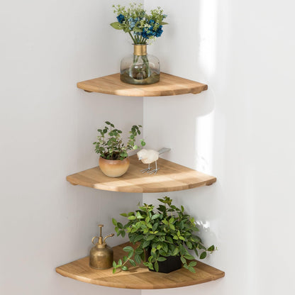Corner Shelves, Floating Corner Shelf, Set of 3 Solid Oak Wood Corner Wall Shelves, Round End with