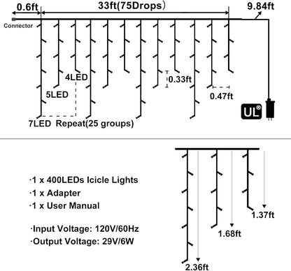 Christmas Lights Outdoor, 33ft 400 LED Warm White Icicle Lights for Outside House, Plug in