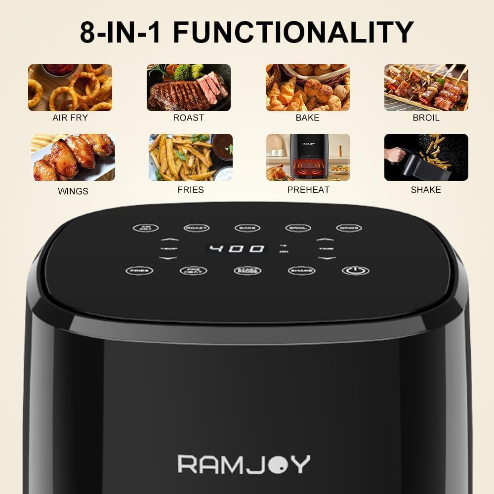 Air Fryer 3.8 Quarts for 1-2 people, 8-in-1 Functions, Air Fry, Roast, Bake, Broil, Preheat, Shake