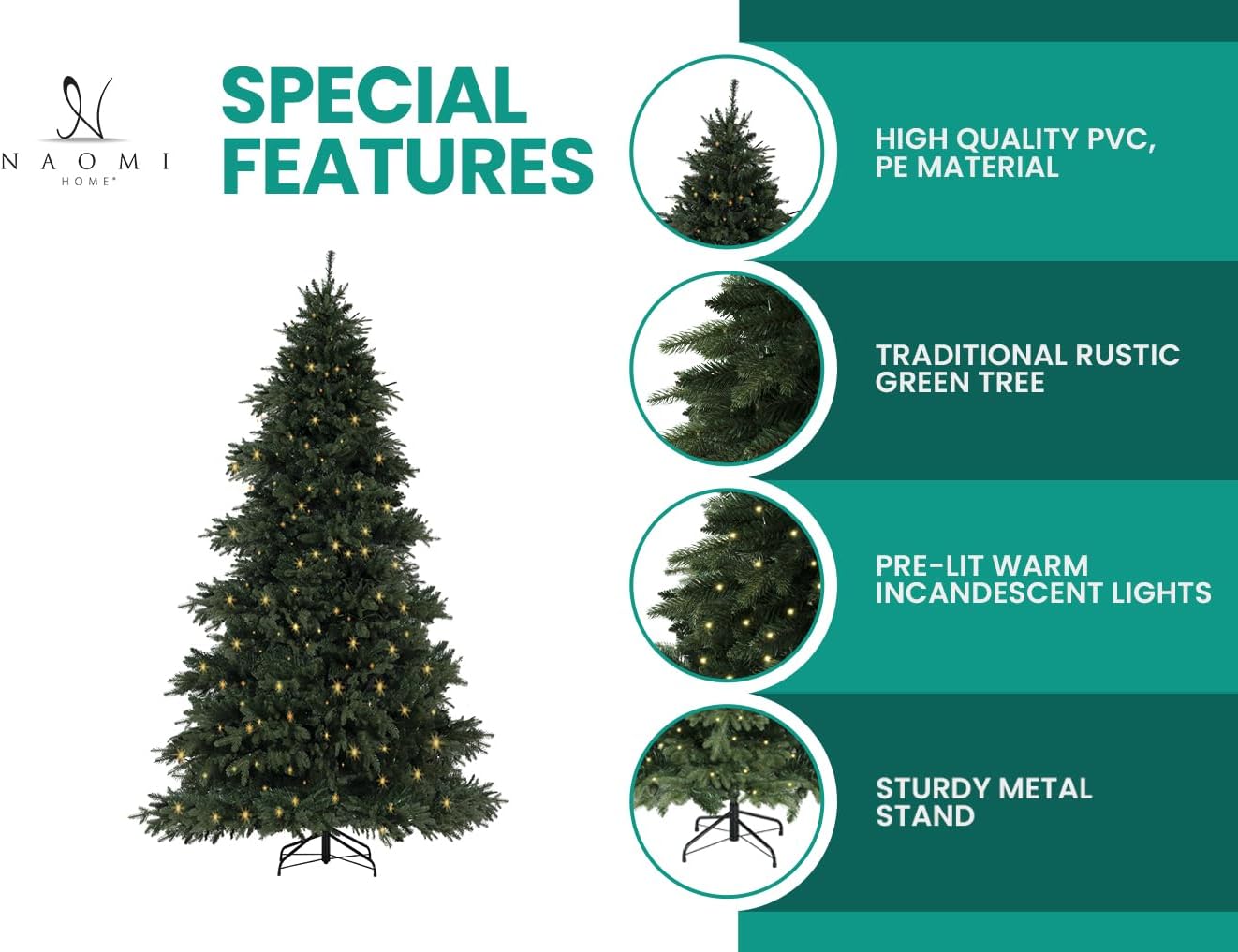 Cynthia 4.5ft Prelit Aritificial Christmas Tree with 1117 Branch Tips, 300 Warm Lights and Metal
