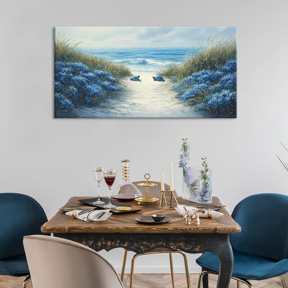 LASMOND Romantic Beach Wall Art for Living Room Blue Sea Turtle Lovers Canvas Painting Prints Ocean